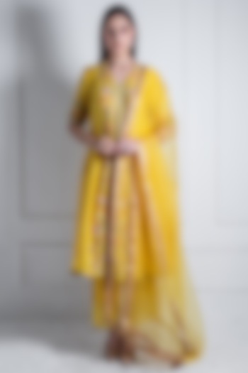 Yellow Silk Chanderi & Organza Embroidered A-Line Kurta Set by Radhika & Raghav at Pernia's Pop Up Shop