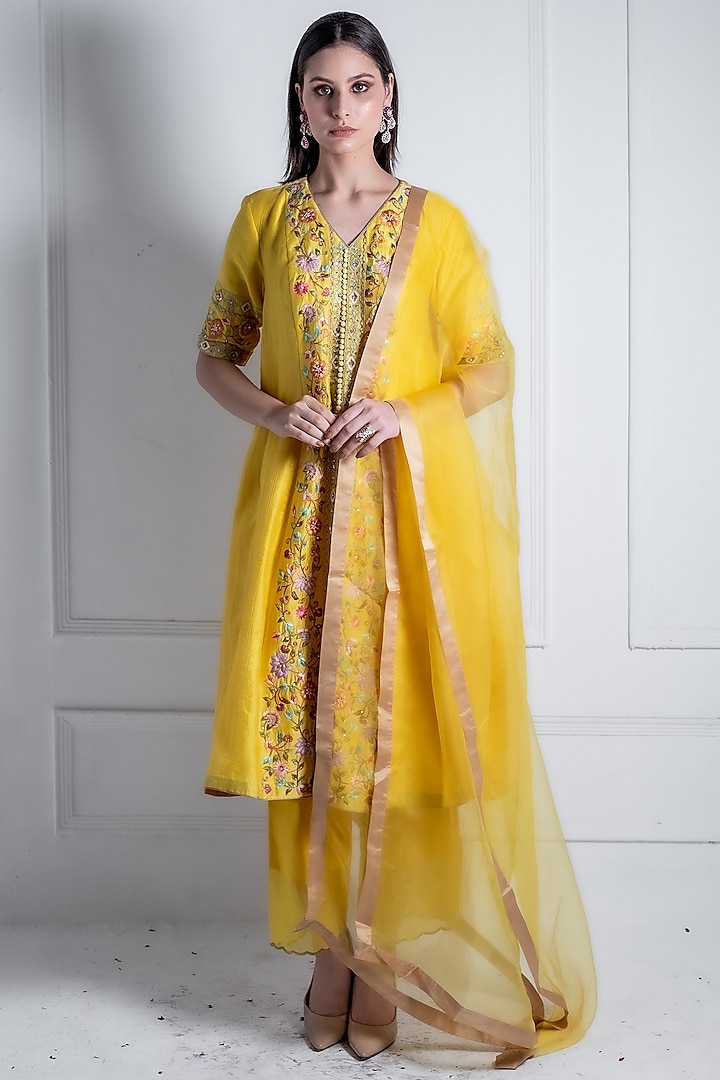 Yellow Silk Chanderi & Organza Embroidered A-Line Kurta Set by Radhika & Raghav at Pernia's Pop Up Shop