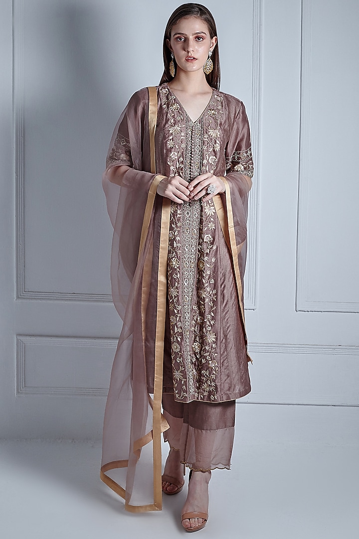 Coffee Brown Silk Chanderi & Organza Embroidered A-Line Kurta Set by Radhika & Raghav at Pernia's Pop Up Shop