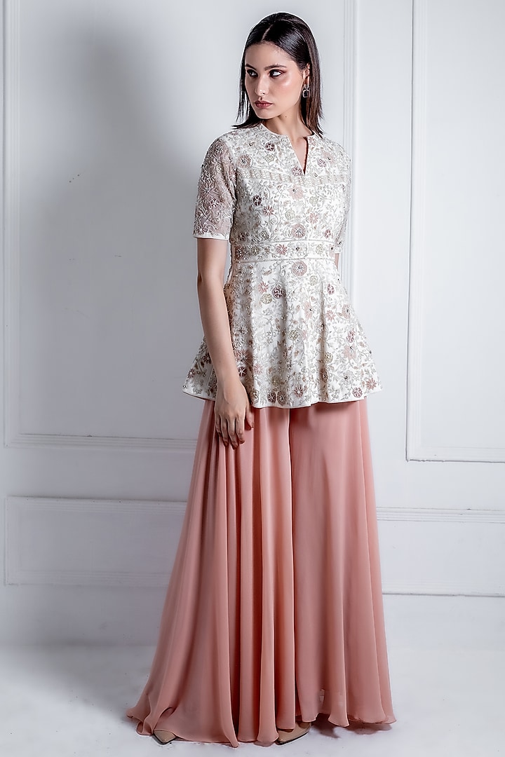 Peach Georgette Sharara Set by Radhika & Raghav at Pernia's Pop Up Shop