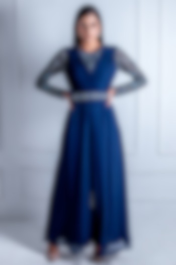 Navy Blue Georgette Embroidered Jumpsuit With Belt by Radhika & Raghav