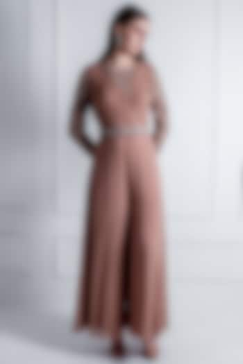 Nude Brown Georgette Embroidered Jumpsuit With Belt by Radhika & Raghav at Pernia's Pop Up Shop