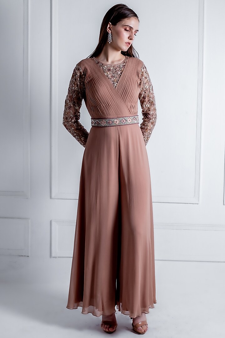 Nude Brown Georgette Embroidered Jumpsuit With Belt by Radhika & Raghav at Pernia's Pop Up Shop