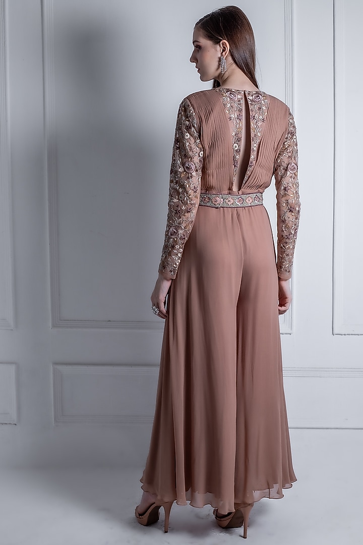 Nude Brown Georgette Embroidered Jumpsuit With Belt by Radhika & Raghav at Pernia's Pop Up Shop