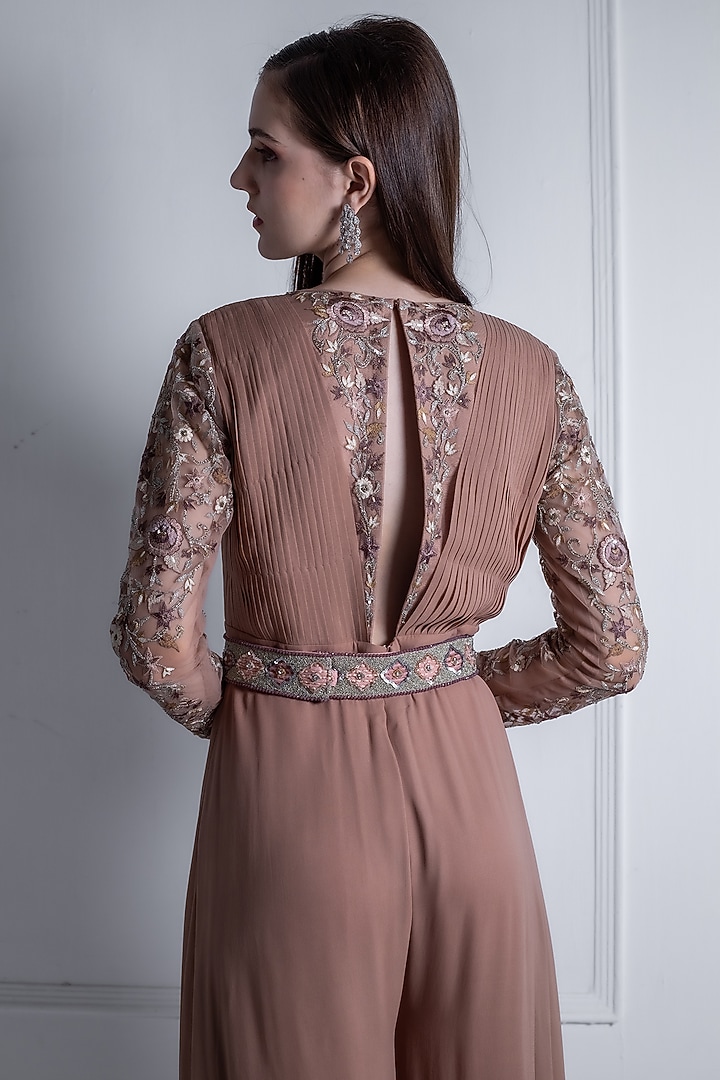 Nude Brown Georgette Embroidered Jumpsuit With Belt by Radhika & Raghav at Pernia's Pop Up Shop