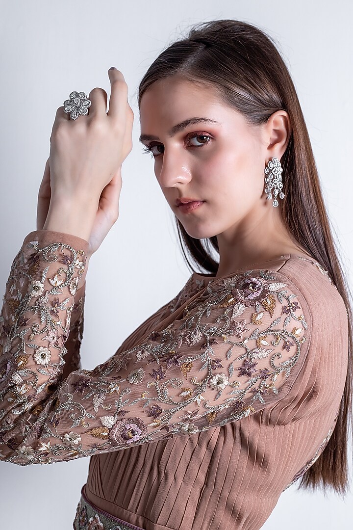Nude Brown Georgette Embroidered Jumpsuit With Belt by Radhika & Raghav at Pernia's Pop Up Shop