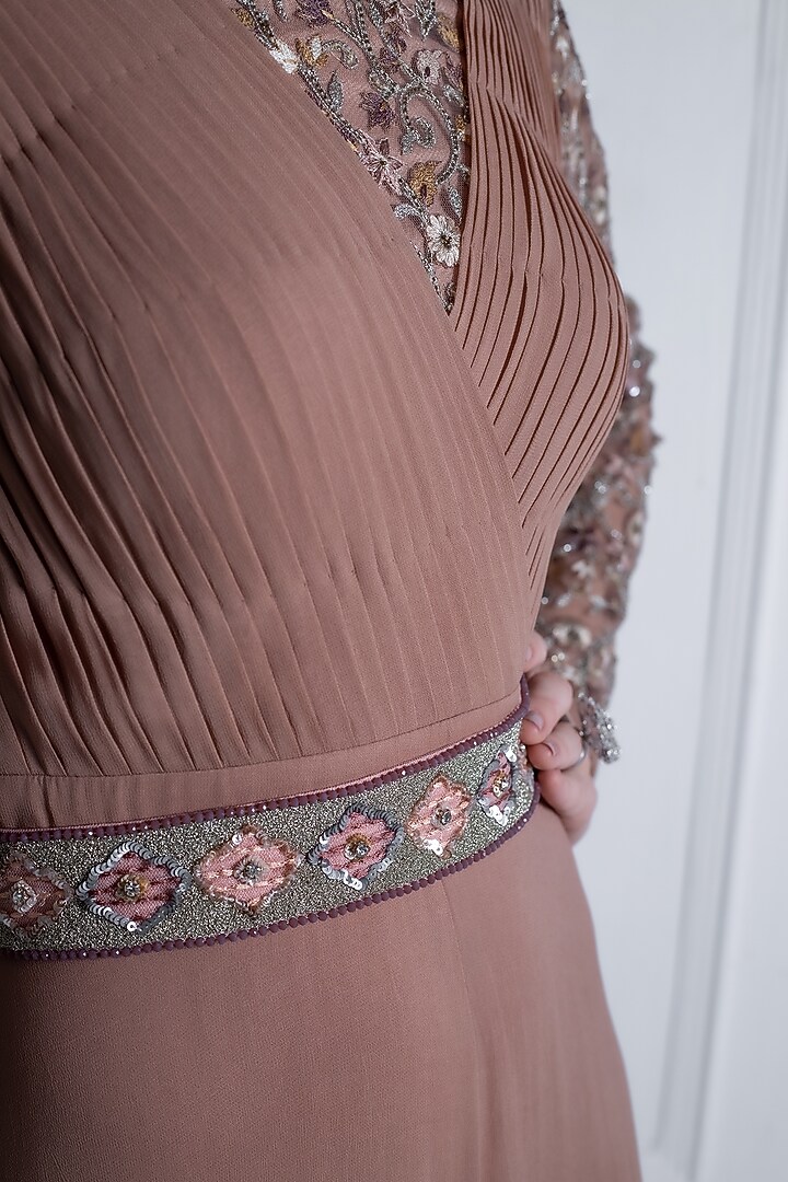 Nude Brown Georgette Embroidered Jumpsuit With Belt by Radhika & Raghav at Pernia's Pop Up Shop