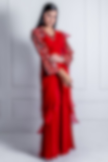 Red Georgette Embroidered Draped Jumpsuit Saree by Radhika & Raghav at Pernia's Pop Up Shop