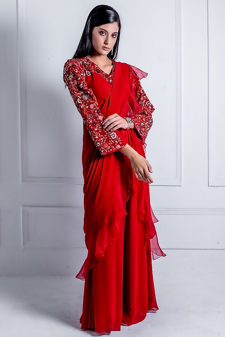 Red Georgette Embroidered Draped Jumpsuit Saree by Radhika & Raghav at Pernia's Pop Up Shop