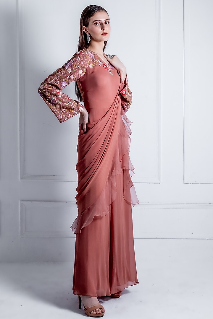 Salmon Pink Georgette Embroidered Draped Jumpsuit Saree by Radhika & Raghav at Pernia's Pop Up Shop