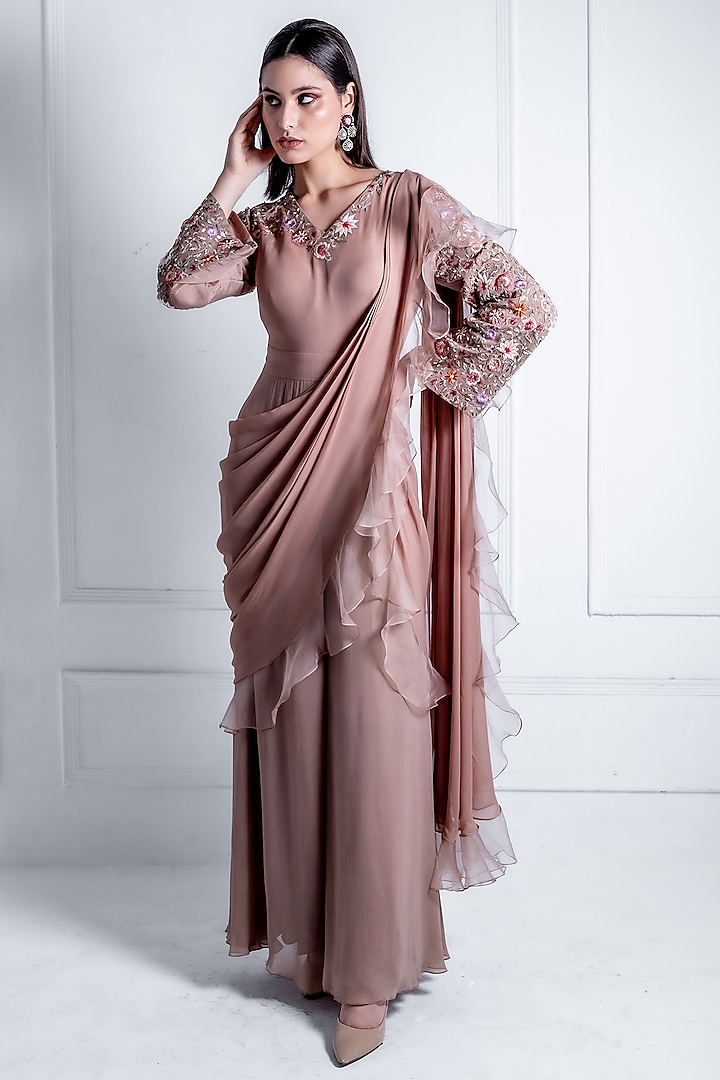 Brown Georgette Embroidered Draped Jumpsuit Saree by Radhika & Raghav at Pernia's Pop Up Shop