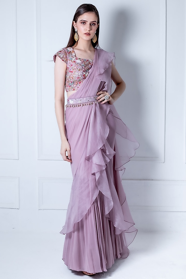 Lilac Georgette Embroidered Pre-Draped Saree Set by Radhika & Raghav at Pernia's Pop Up Shop