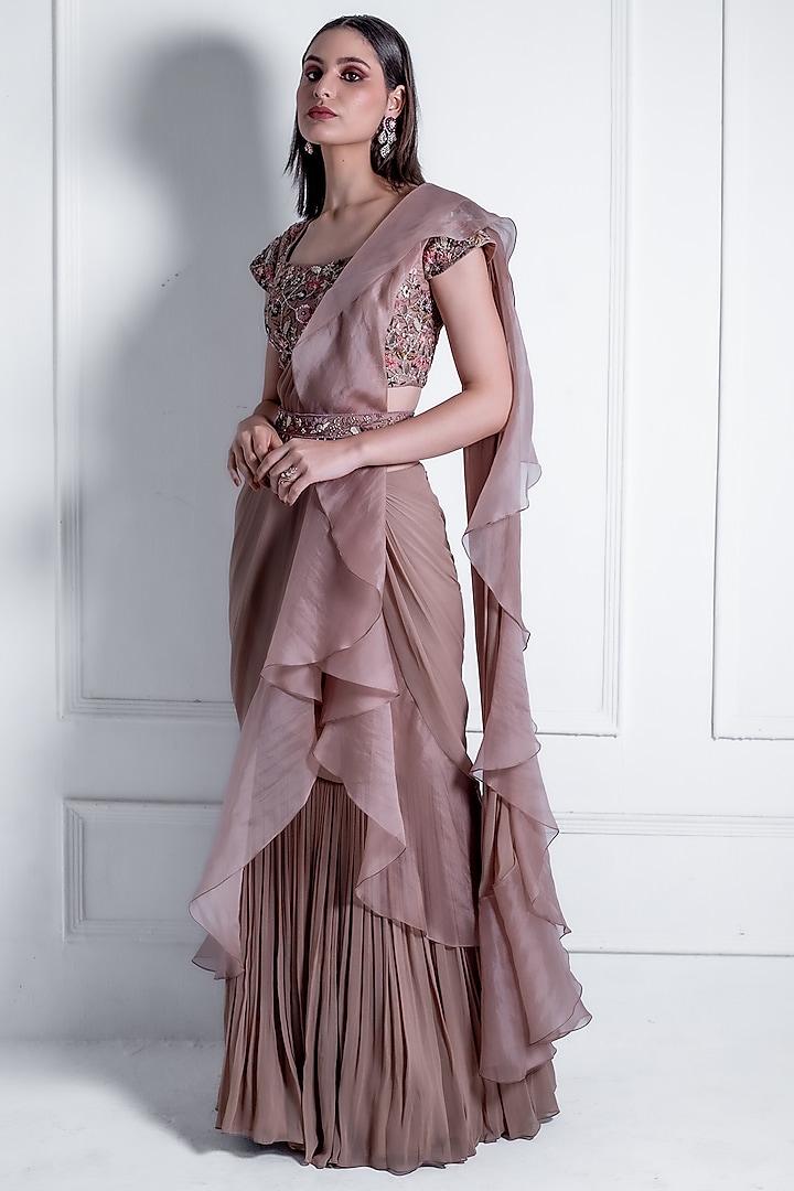 Brown Georgette Embroidered Pre-Draped Saree Set by Radhika & Raghav at Pernia's Pop Up Shop