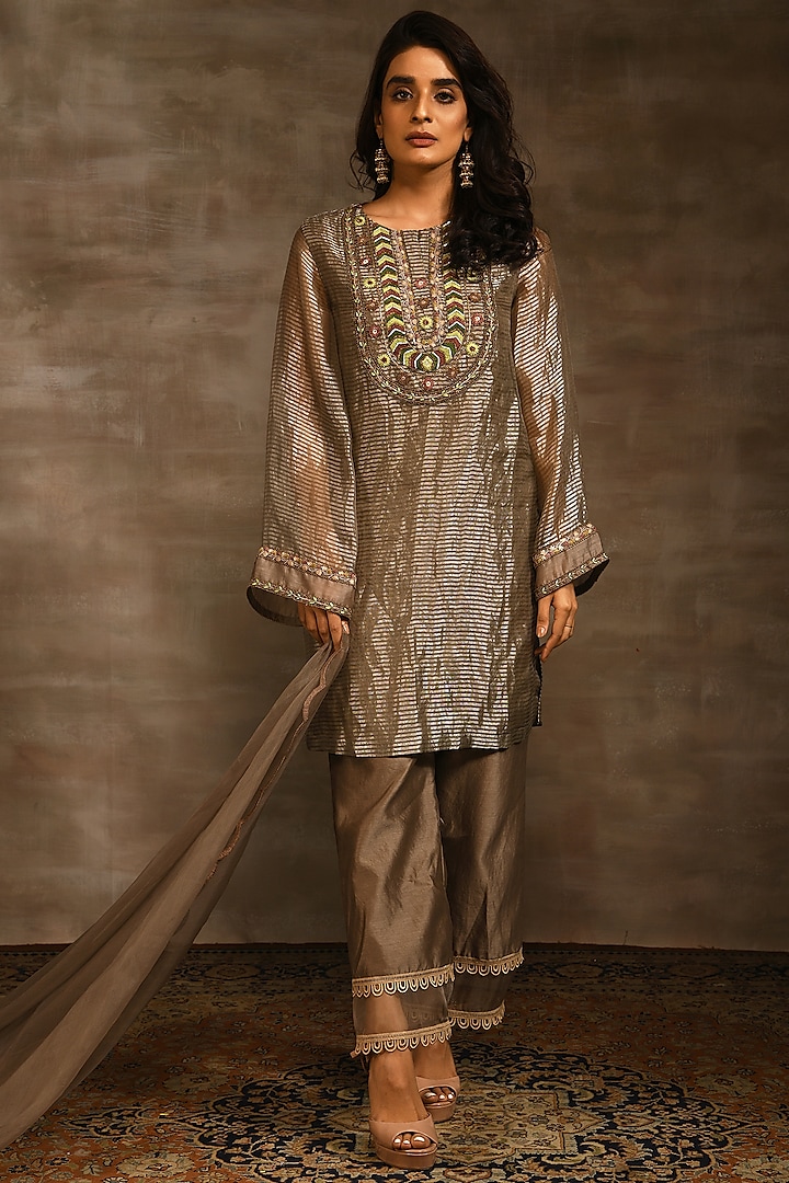 Shadow Grey Zari Embroidered Kurta Set by Radhika & Raghav at Pernia's Pop Up Shop