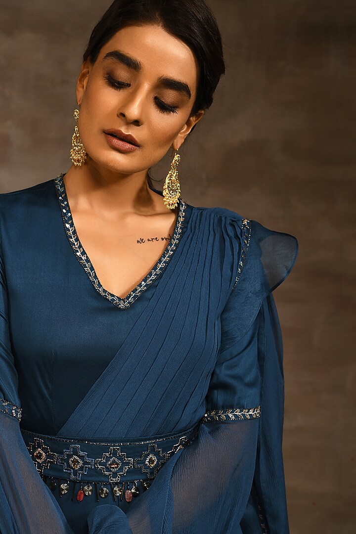 Cobalt Blue Hand Embroidered Jumpsuit by Radhika & Raghav at Pernia's Pop Up Shop