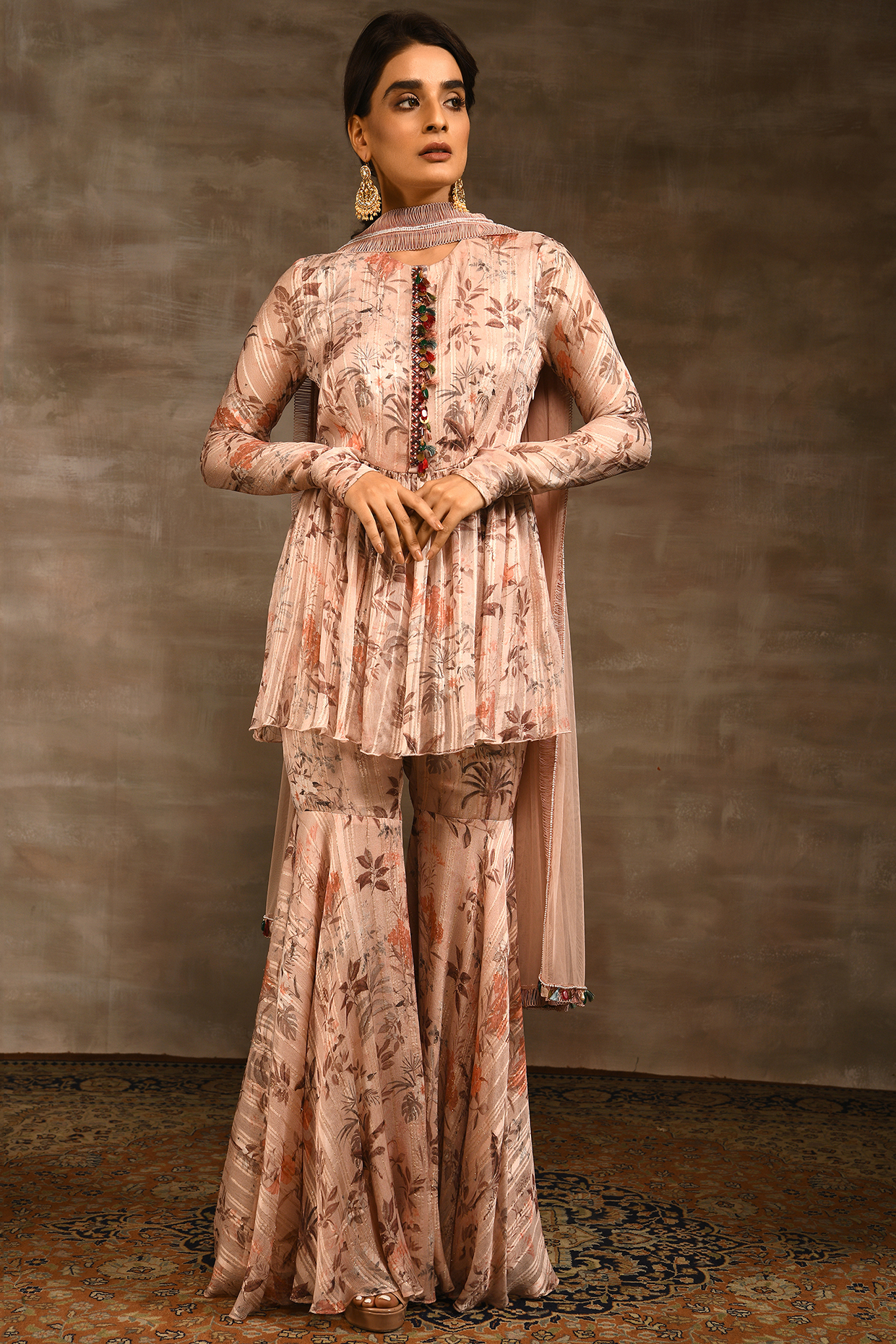 Beige Tulle & Chiffon Printed Gharara Set by Radhika & Raghav at Pernia's Pop Up Shop