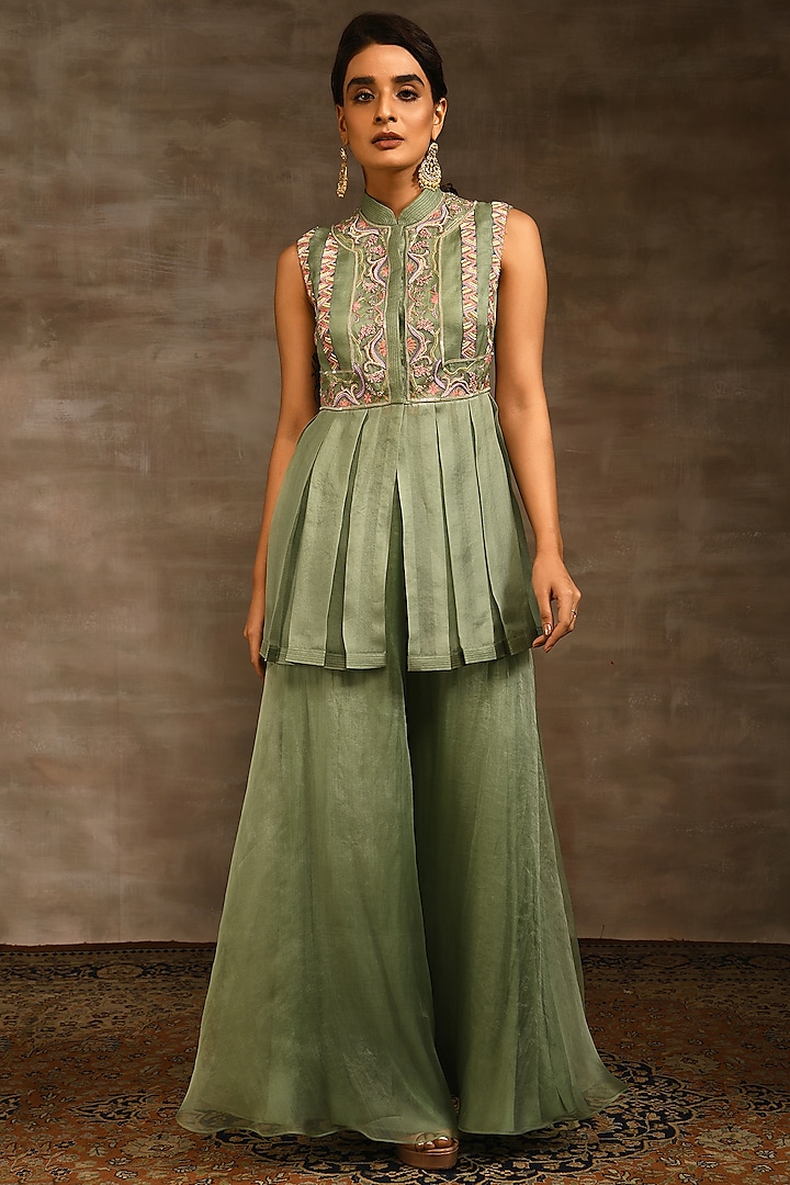 Mint Green Hand Embroidered Sharara Set by Radhika & Raghav