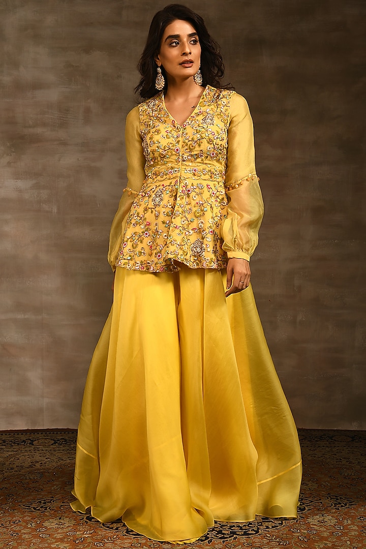 Yellow Tulle & Satin Organza Sharara Set Design by Radhika & Raghav at ...