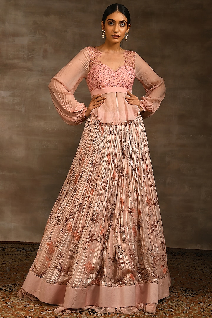 Blush Pink Printed Skirt Set by Radhika & Raghav