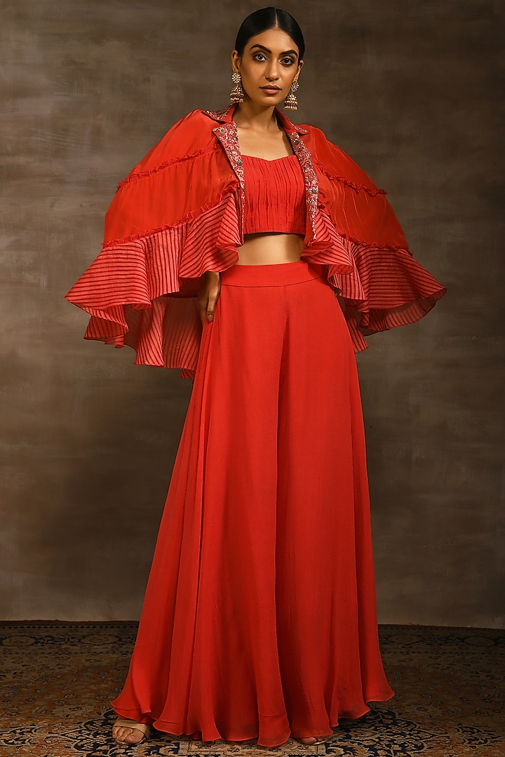 Imperial Red Hand Embroidered Cape Set by Radhika & Raghav