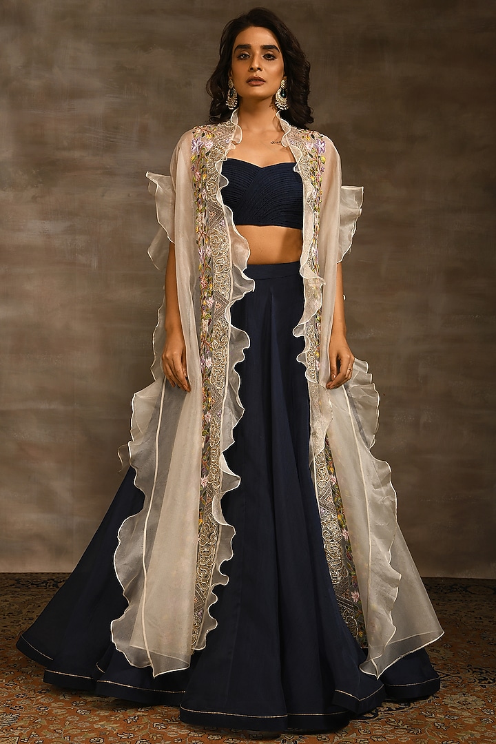 Cream Silk Organza Embroidered Cape Set by Radhika & Raghav at Pernia's Pop Up Shop