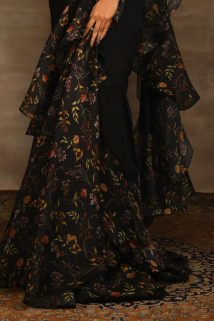 Black Printed Pre-Stitched Ruffled Wedding Saree Set by Radhika & Raghav at Pernia's Pop Up Shop