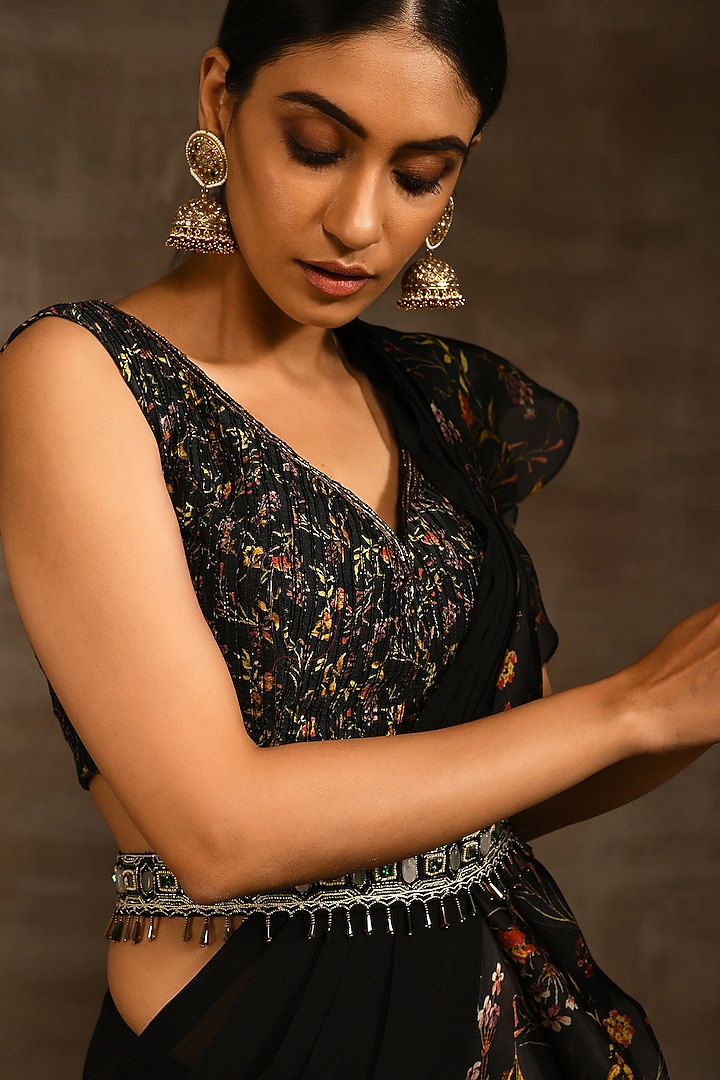 Black Printed Pre-Stitched Ruffled Wedding Saree Set by Radhika & Raghav at Pernia's Pop Up Shop