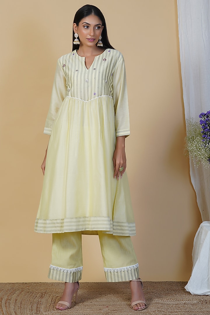 Light Yellow Silk Chanderi Embroidered Kurta Set by Radhika & Raghav at Pernia's Pop Up Shop