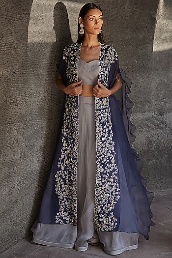 Grey Organza & Tulle Skirt Set With Cape by Radhika & Raghav at Pernia's Pop Up Shop