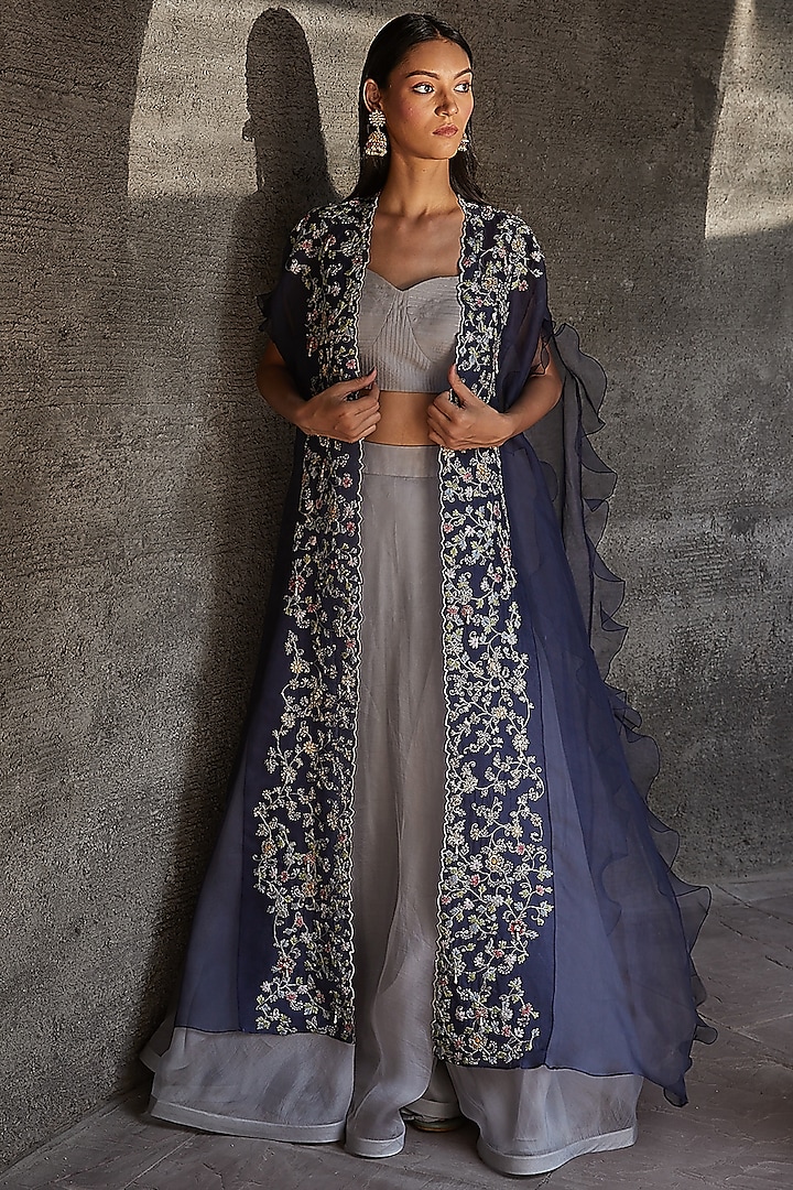 Grey Organza & Tulle Skirt Set With Cape by Radhika & Raghav