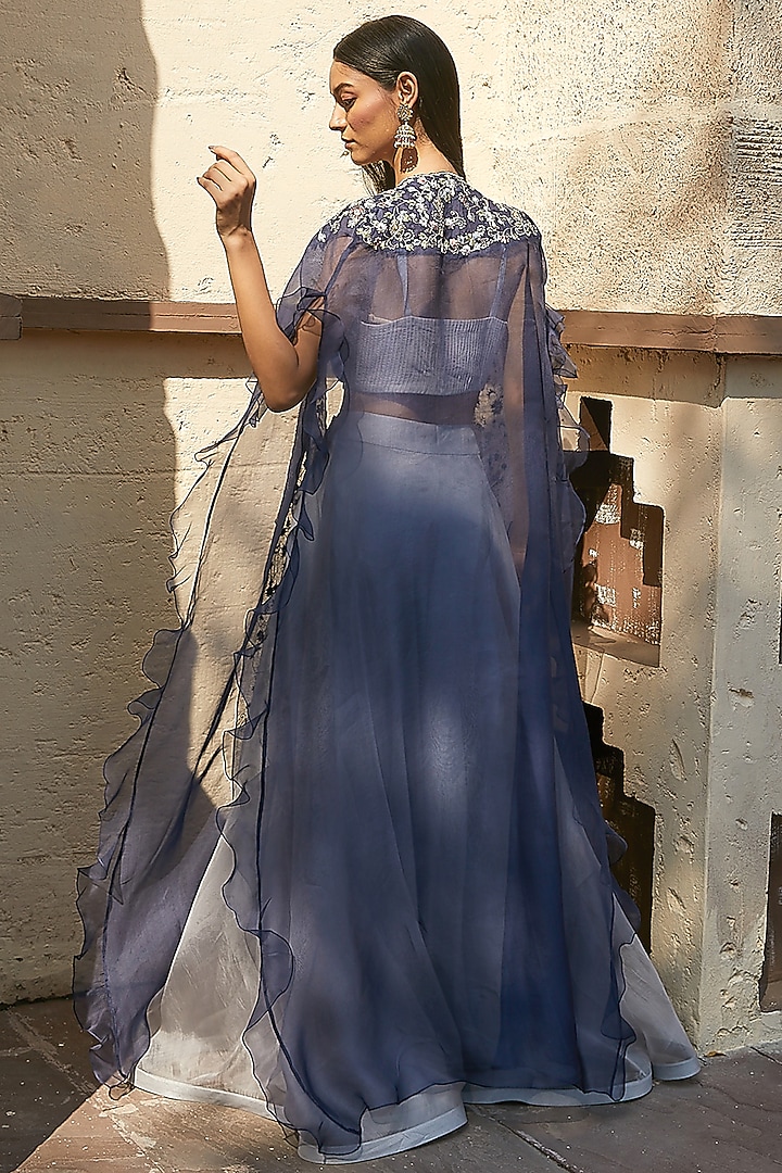 Grey Organza & Tulle Skirt Set With Cape by Radhika & Raghav at Pernia's Pop Up Shop