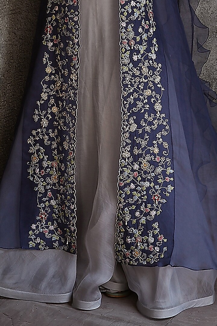 Grey Organza & Tulle Skirt Set With Cape by Radhika & Raghav at Pernia's Pop Up Shop