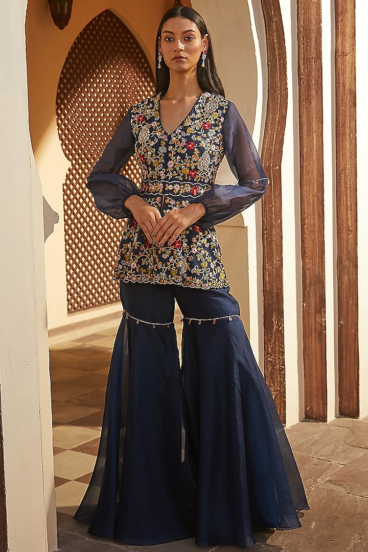 Navy Blue Silk Organza & Tulle Gharara Set by Radhika & Raghav