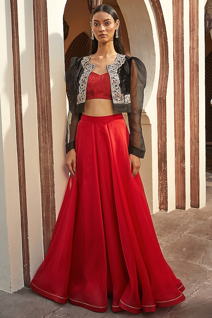 Cadmium Red Organza & Velvet Skirt Set With Cape by Radhika & Raghav