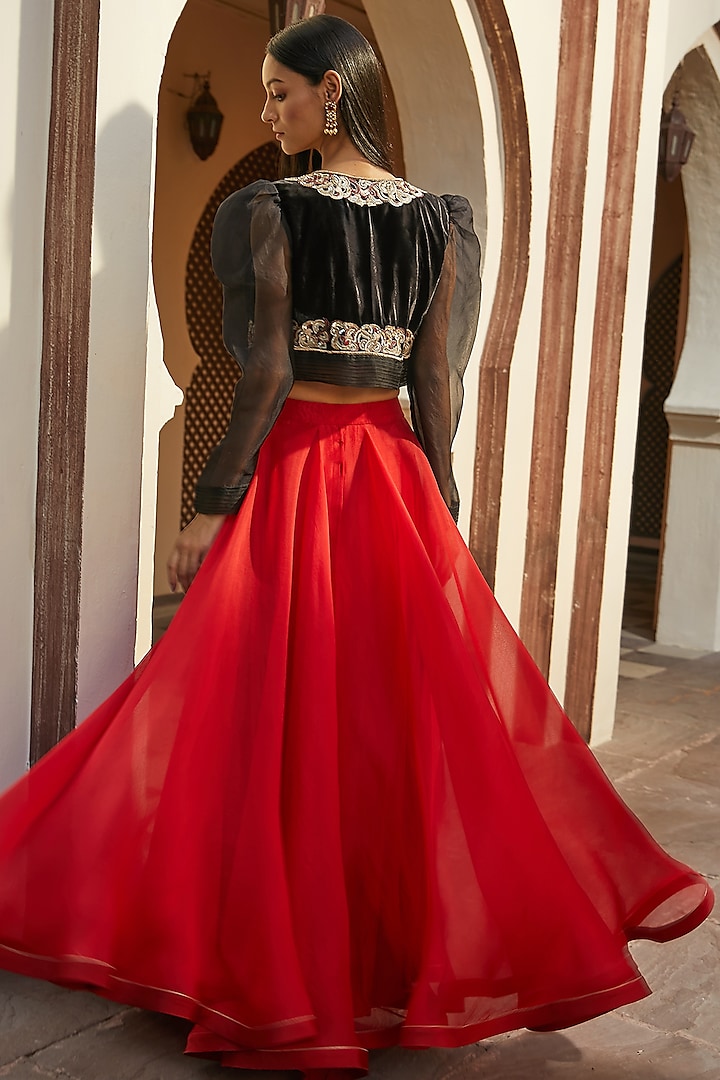 Cadmium Red Organza & Velvet Skirt Set Cape Design Radhika & Raghav at Pernia's Pop Up Shop 2023