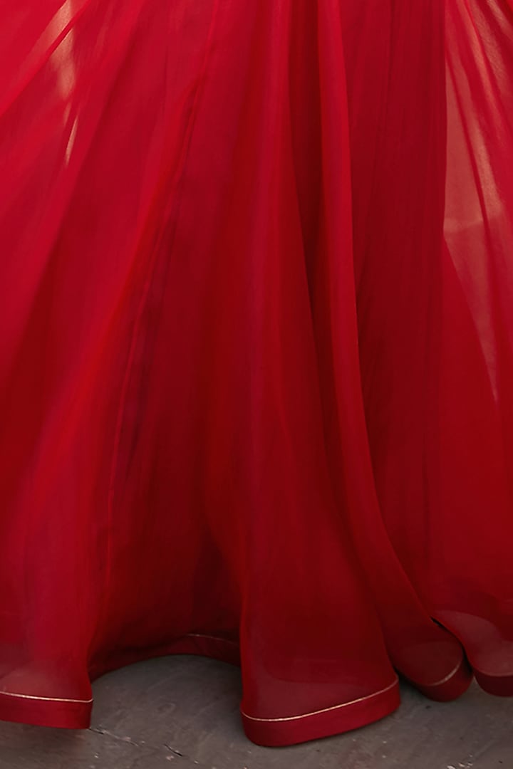 Cadmium Red Organza & Velvet Skirt Set With Cape by Radhika & Raghav at Pernia's Pop Up Shop