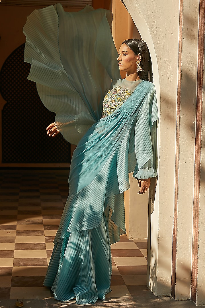Dull Teal Pre-Stitched Saree Set by Radhika & Raghav