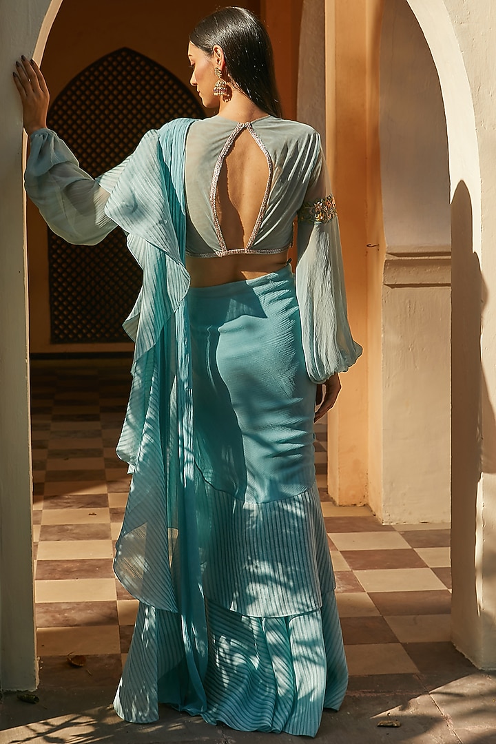 Dull Teal Pre-Stitched Wedding Saree Set by Radhika & Raghav at Pernia's Pop Up Shop