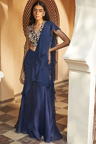 Navy Blue Pre-Stitched Saree Set by Radhika & Raghav