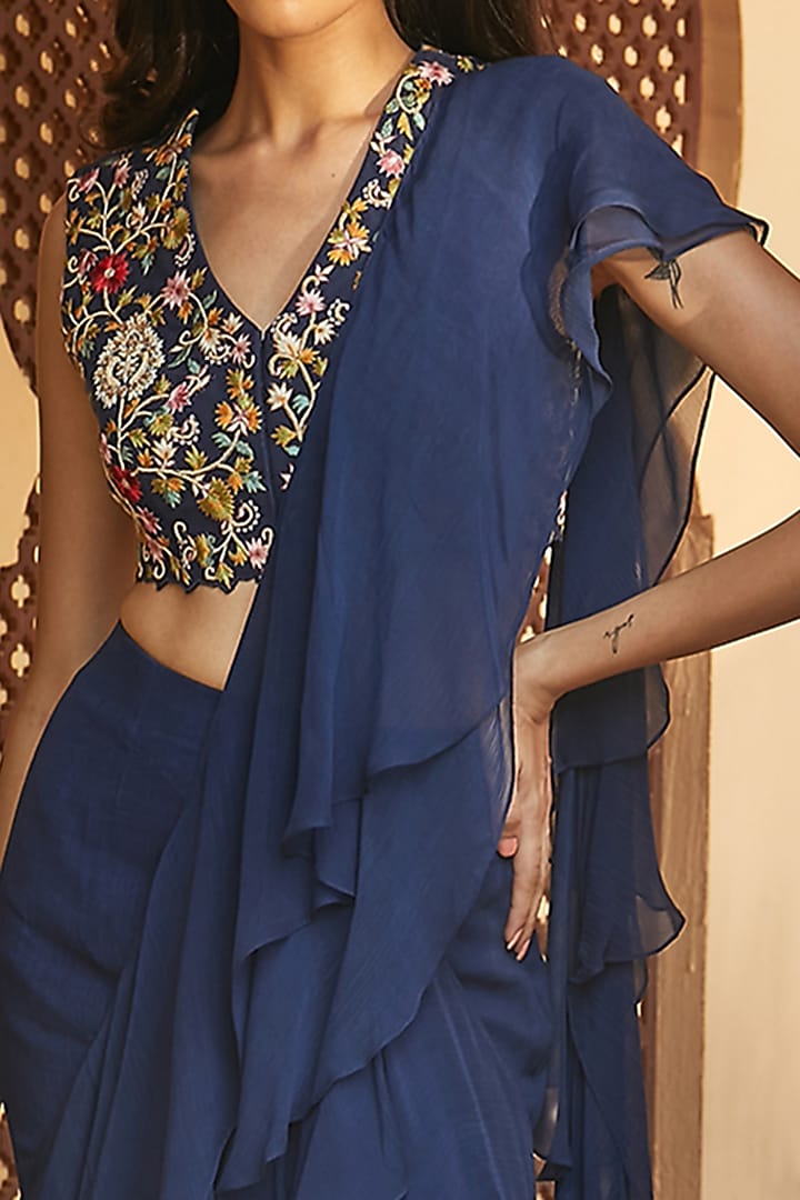 Navy Blue Pre-Stitched Wedding Saree Set by Radhika & Raghav at Pernia's Pop Up Shop