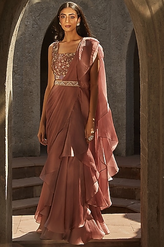 Faded Rose Pre-Stitched Saree Set by Radhika & Raghav