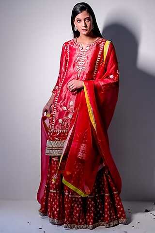 Red Chanderi & Organza Embroidered Gharara Set by Radhika & Raghav
