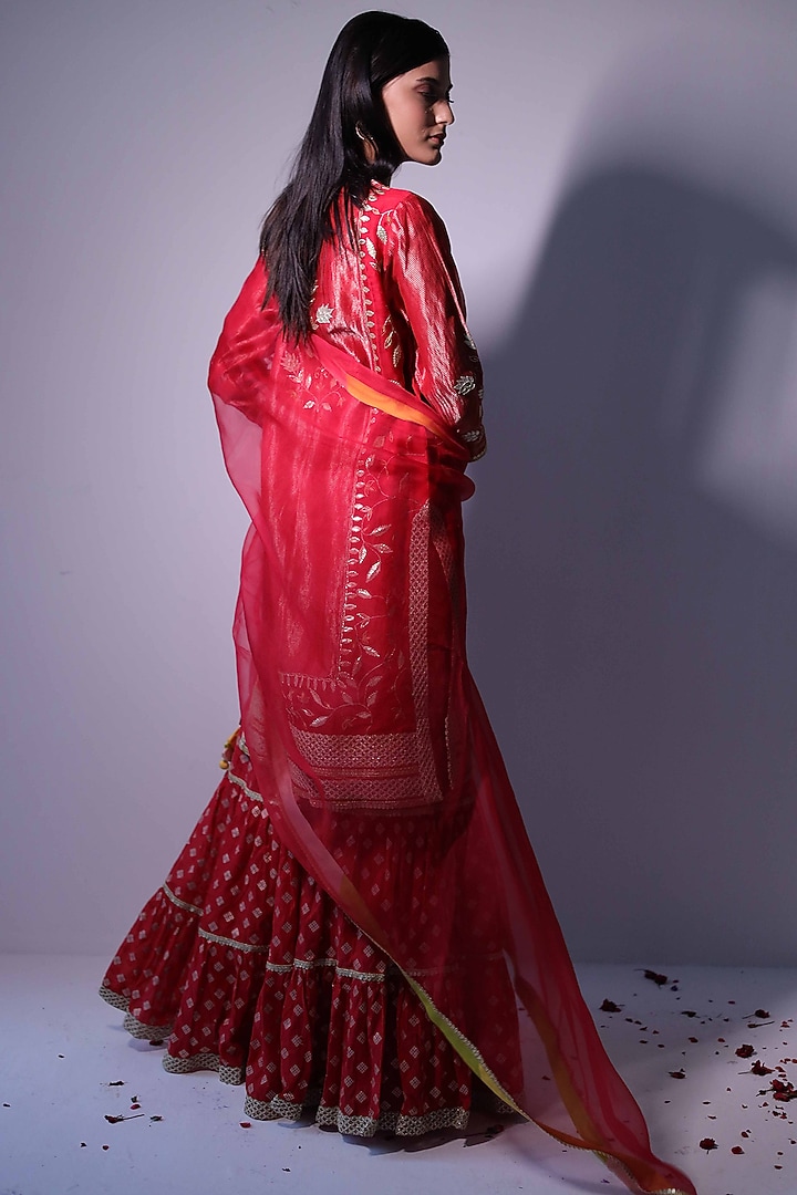 Red Chanderi & Organza Embroidered Gharara Set by Radhika & Raghav at Pernia's Pop Up Shop