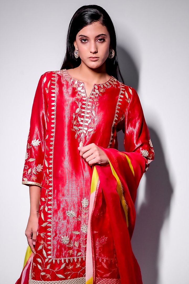 Red Chanderi & Organza Embroidered Gharara Set by Radhika & Raghav at Pernia's Pop Up Shop