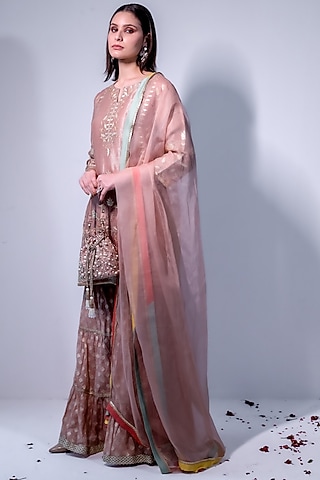 Peach Chanderi & Organza Embroidered Gharara Set by Radhika & Raghav