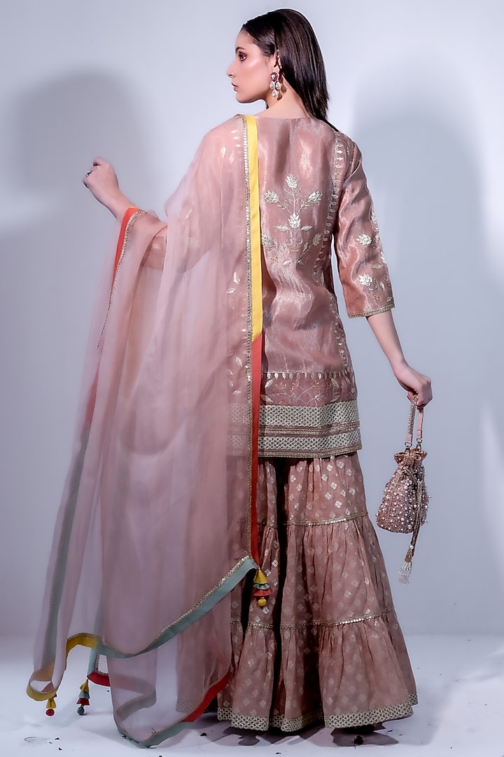 Peach Chanderi & Organza Embroidered Gharara Set by Radhika & Raghav at Pernia's Pop Up Shop
