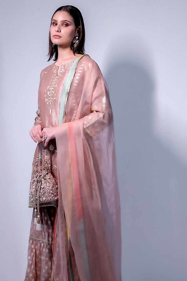 Peach Chanderi & Organza Embroidered Gharara Set by Radhika & Raghav at Pernia's Pop Up Shop