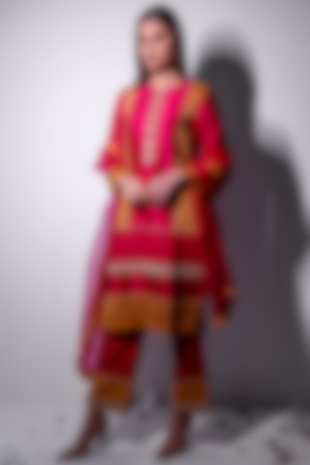 Rani Pink Chanderi & Organza Embroidered Kurta Set by Radhika & Raghav at Pernia's Pop Up Shop