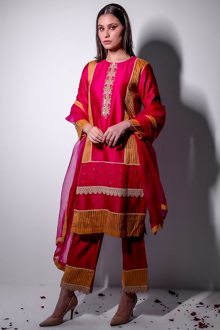 Rani Pink Chanderi & Organza Embroidered Kurta Set by Radhika & Raghav at Pernia's Pop Up Shop