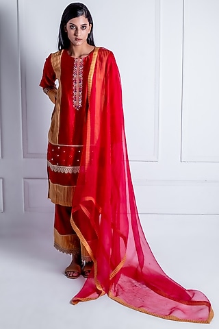Red Chanderi & Organza Embroidered Kurta Set by Radhika & Raghav